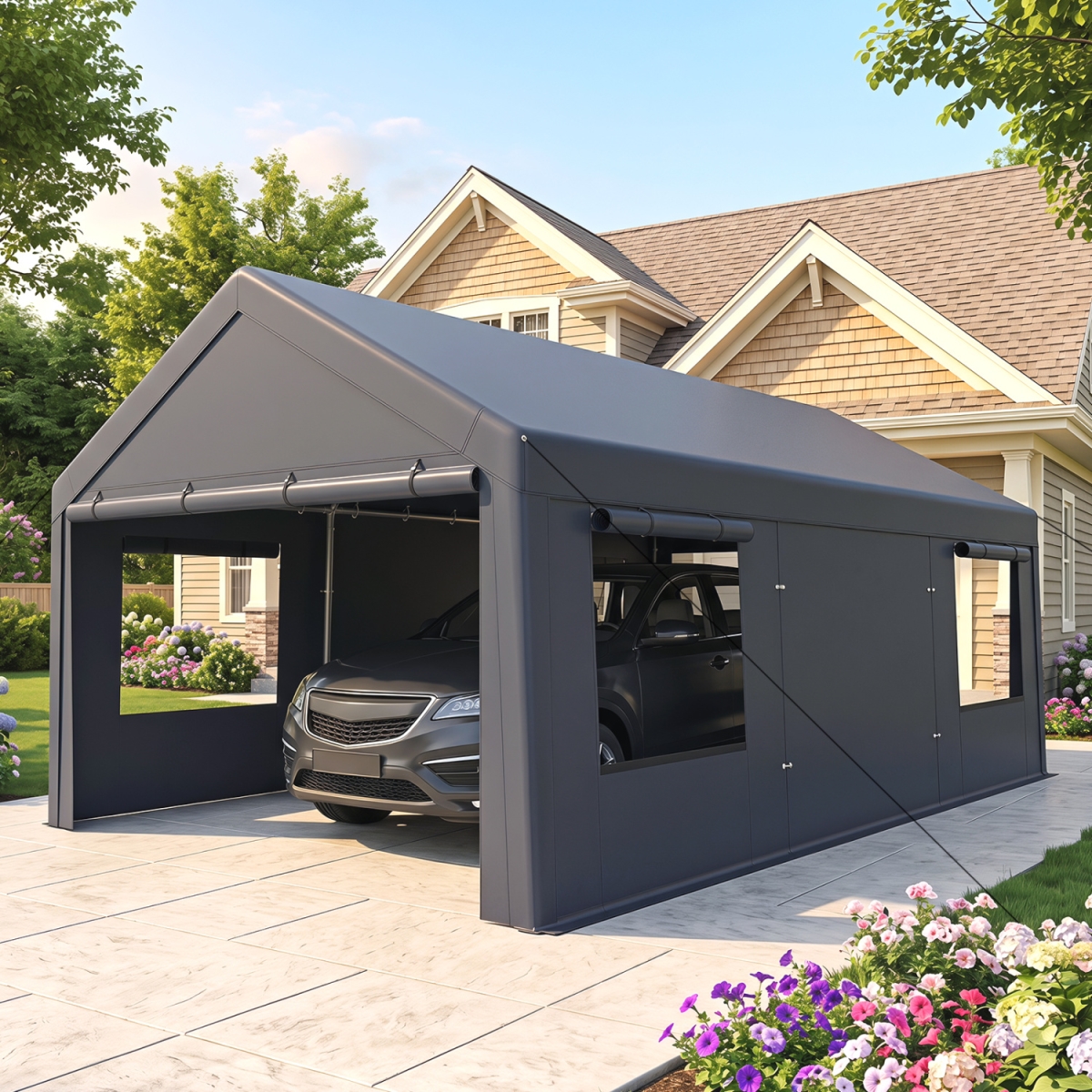 NP13786BK- 10 x 20 ft. Portable Garage with 2 Doors & 4 Mesh Windows & PE Cover for Car - Gray