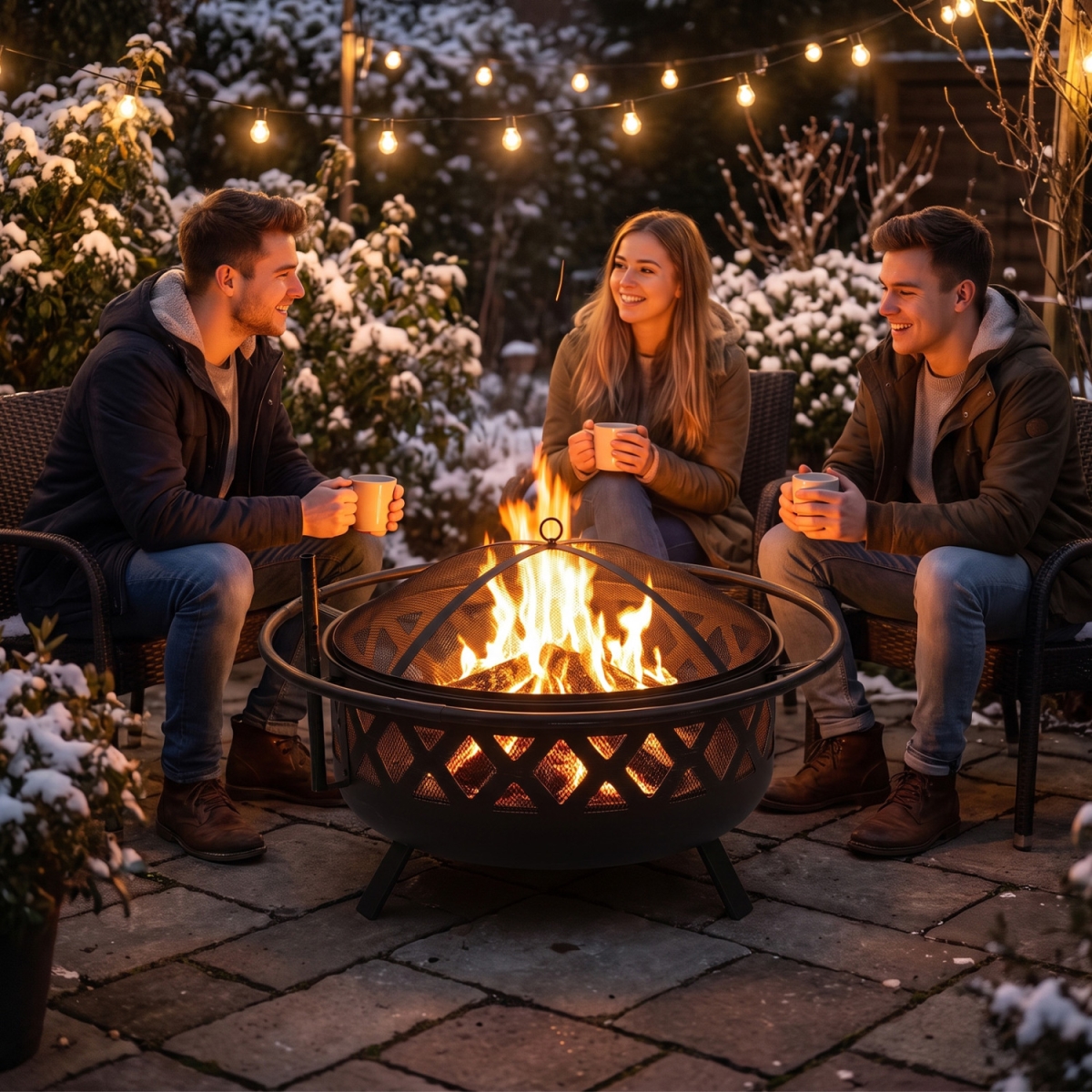 NP13864BK-30 Outdoor Black Fire Pit with Adjustable & Rotatable Grill Grate Breathable Mesh & Outer Ring for BBQ - 30 in.