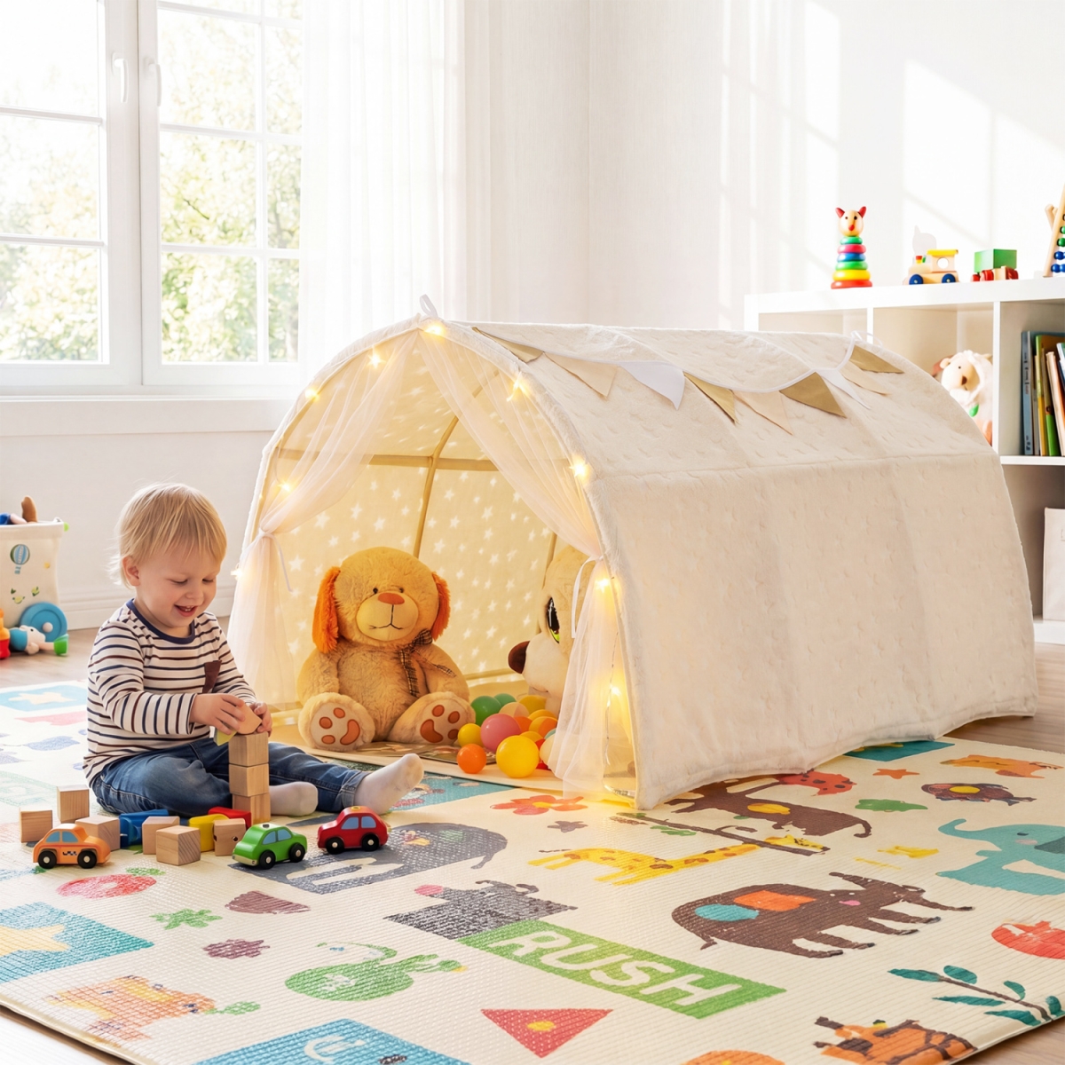 TP10315BE Kids Dream Bed Tent for Twin Size Bunk Bed with Glow in the Dark Stars & Lights - Beige