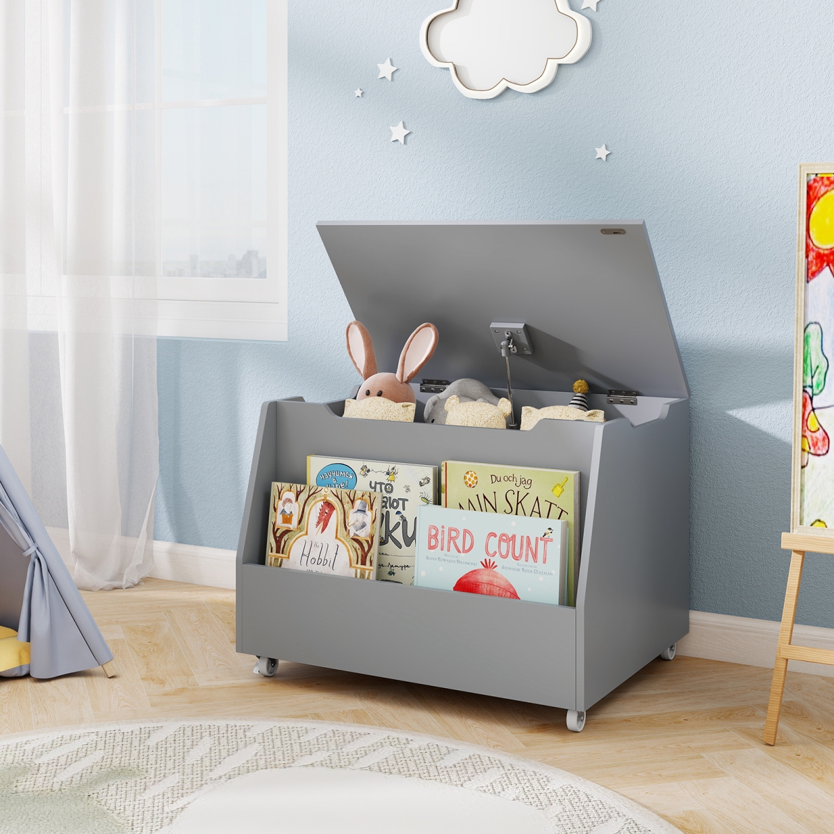 TP10384GR Wooden Mobile Toy Storage Organizer with Bookshelf & Lockable Wheels - Gray