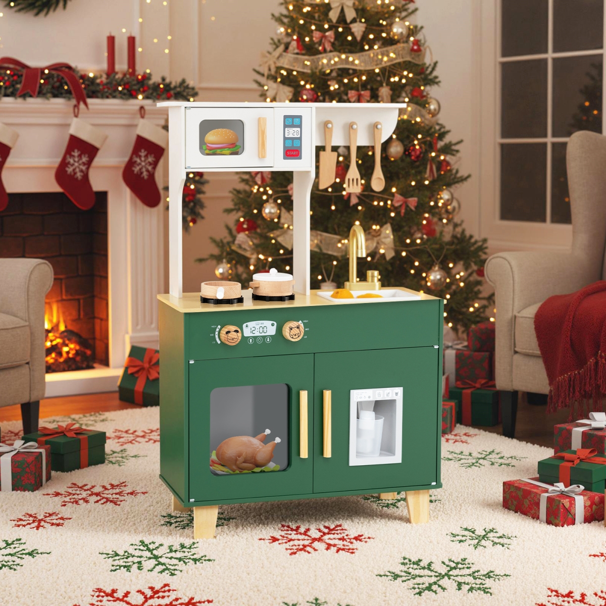 TP10422GN Kids Play Kitchen with Microwave & Rotation Knobs for Girls Boys Aged 3-6 - Green