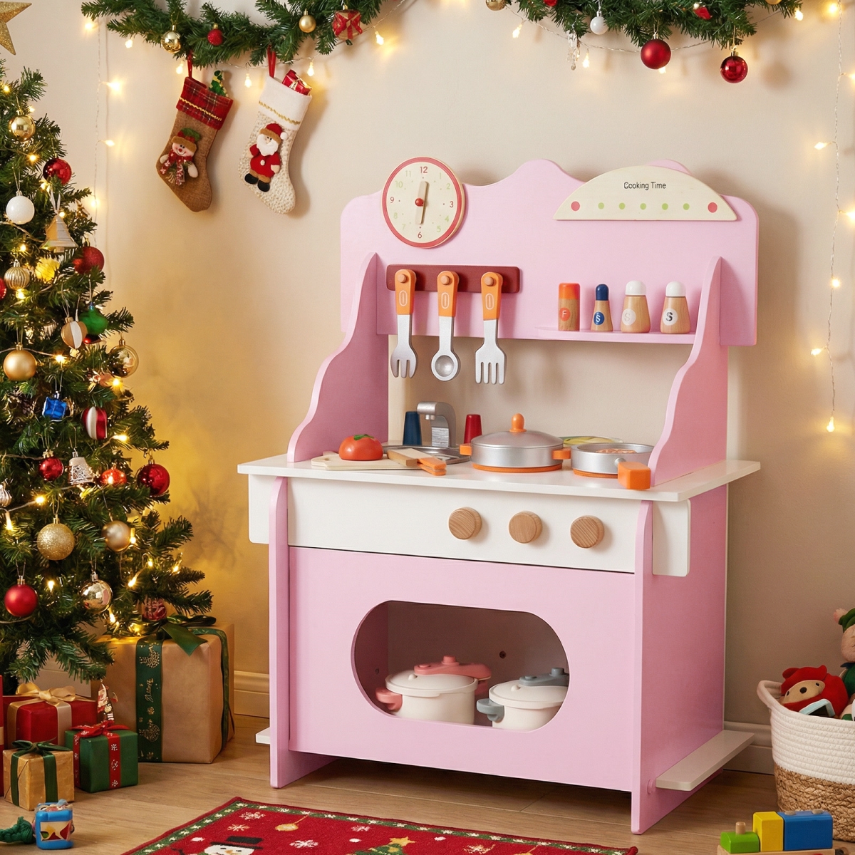 TP10459PI Wooden Play Kitchen for Kids Pretend Play Toy Kitchen Set with Clock Gift for Boys & Girls 3 & Up - Pink