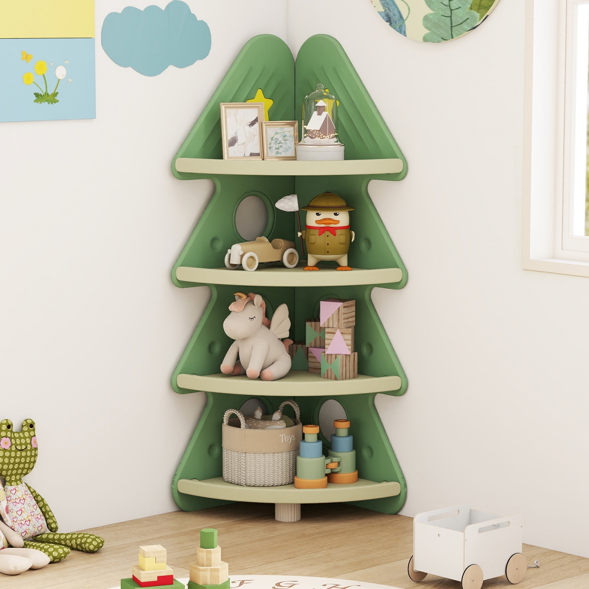 TP10480GN 4-Tier Corner Bookshelf Baby Display Shelf for Kids Room - Green