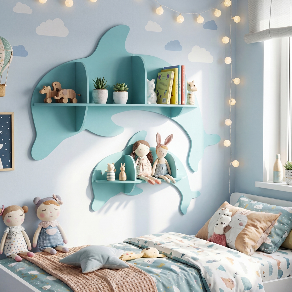 TP10533BL Floating Dolphin Shelves Wall Mounted Storage Display Rack - Blue