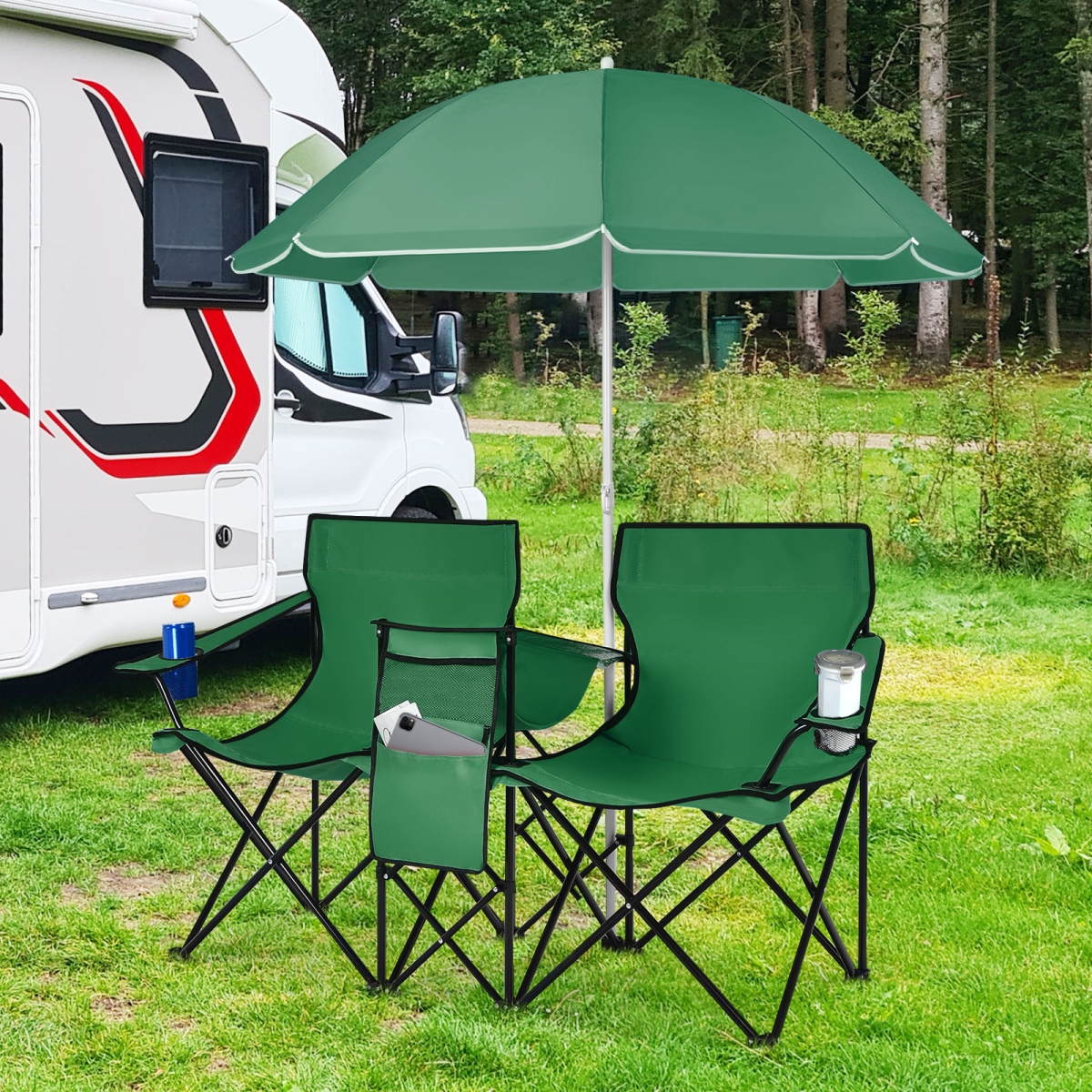 OP70621LS Portable Folding Picnic Double Chair with Removable Umbrella - Green