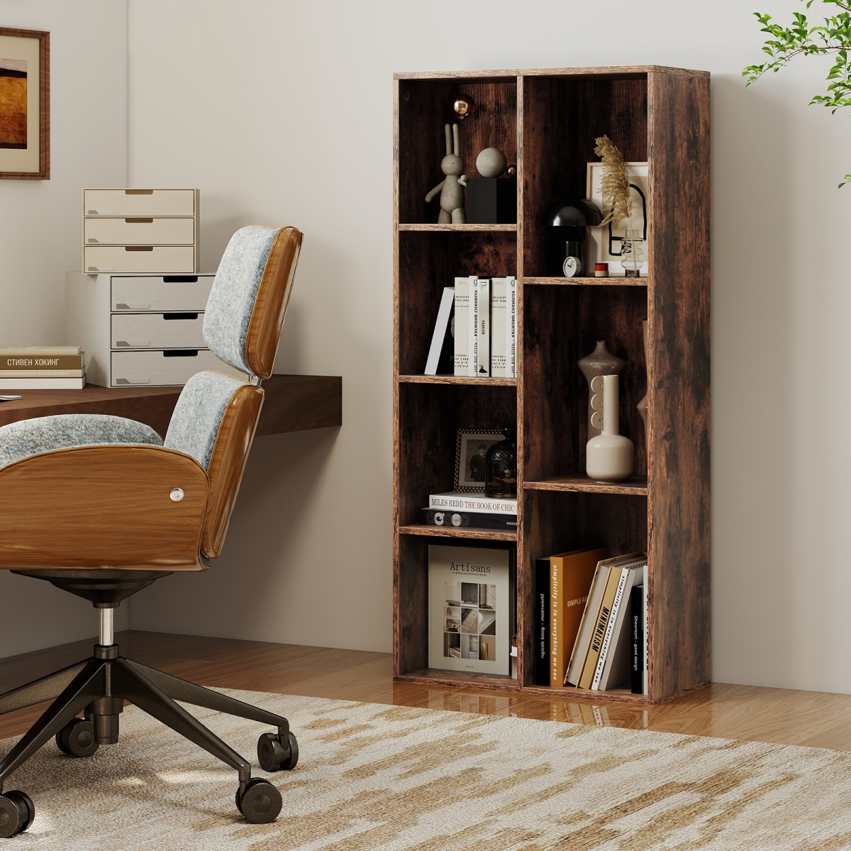 CB11015CF Vertical or Horizontal Freestanding Bookshelf with 7 Compartments - Rustic Brown