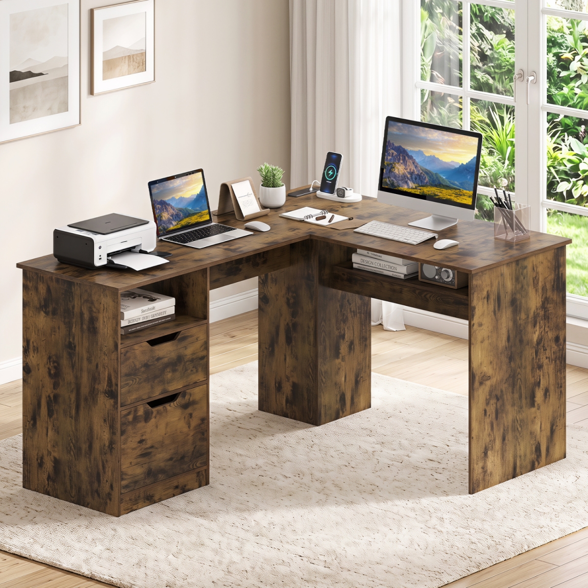 CB11226US-CF 59 in. L-Shaped Executive Desk with Power Outlets Drawers & Bookshelf for Working Gaming Writing - Rustic