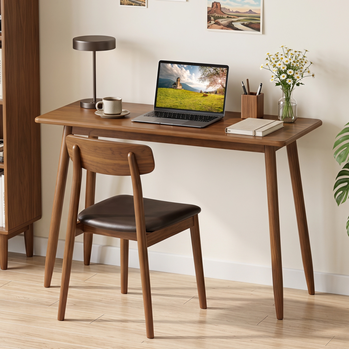 CB11296WN Computer Desk with Rubber Wood Legs Wooden Writing Desk with Spacious Tabletop - Walnut