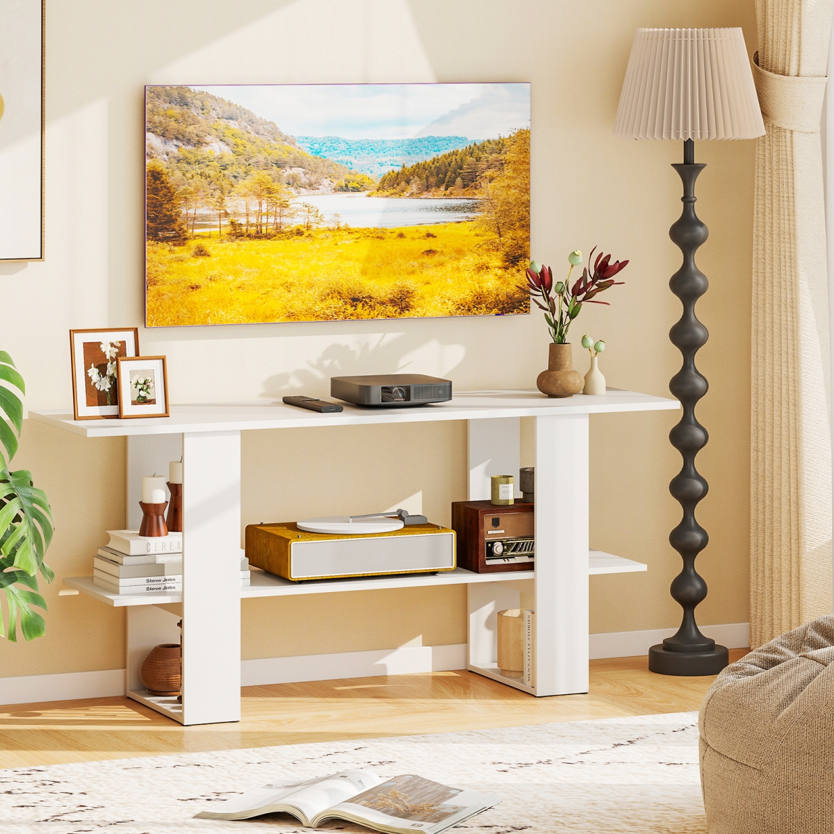 HV10832WH 2-Tier TV Stand with Storage for TVs Up to 55 in. Console Table with Open Shelf - White