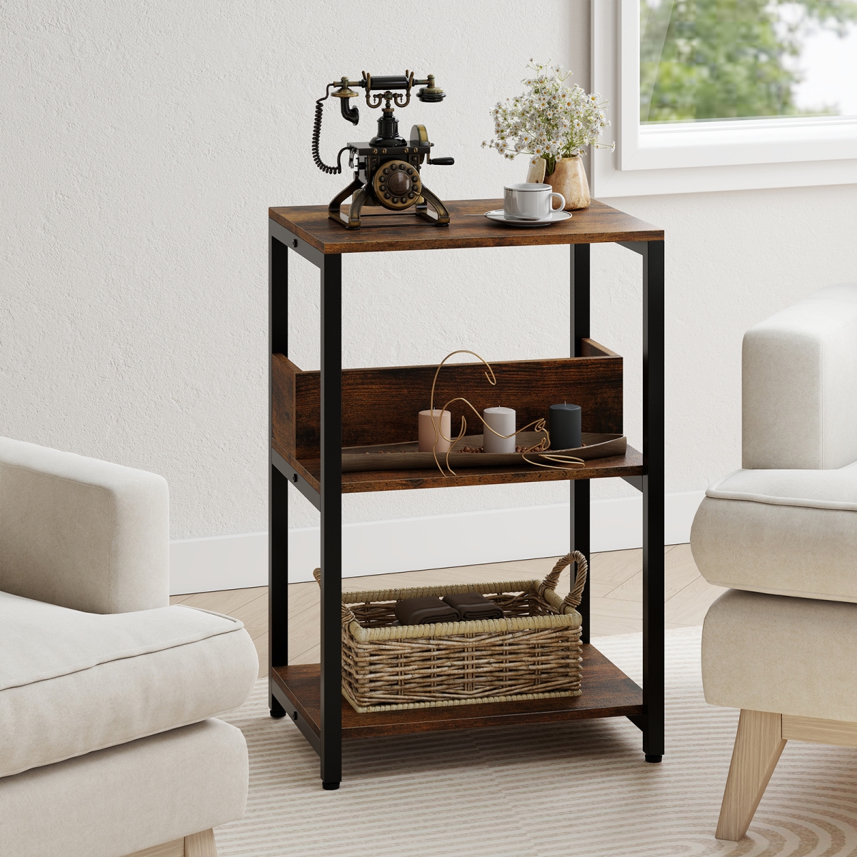 HV10871US-CF Side End Table with Charging Station & Open Shelves - Rustic Brown
