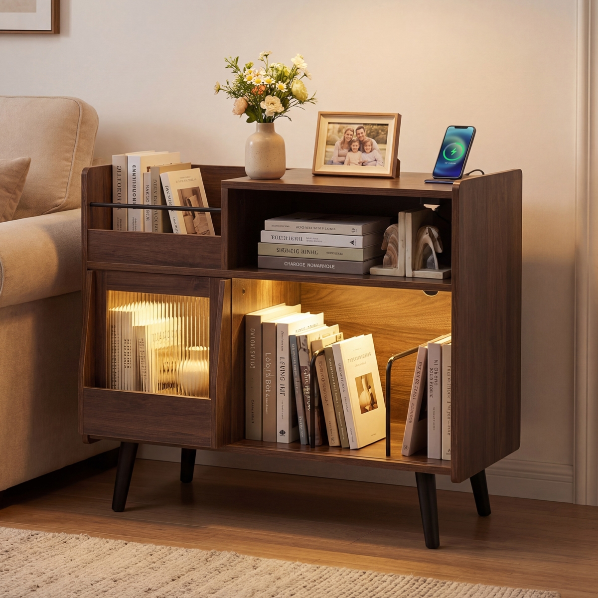 HV10881US-CF Record Player Stand with LED Light & Power Outlets Large Turntable Stand with Sliding Door - Brown