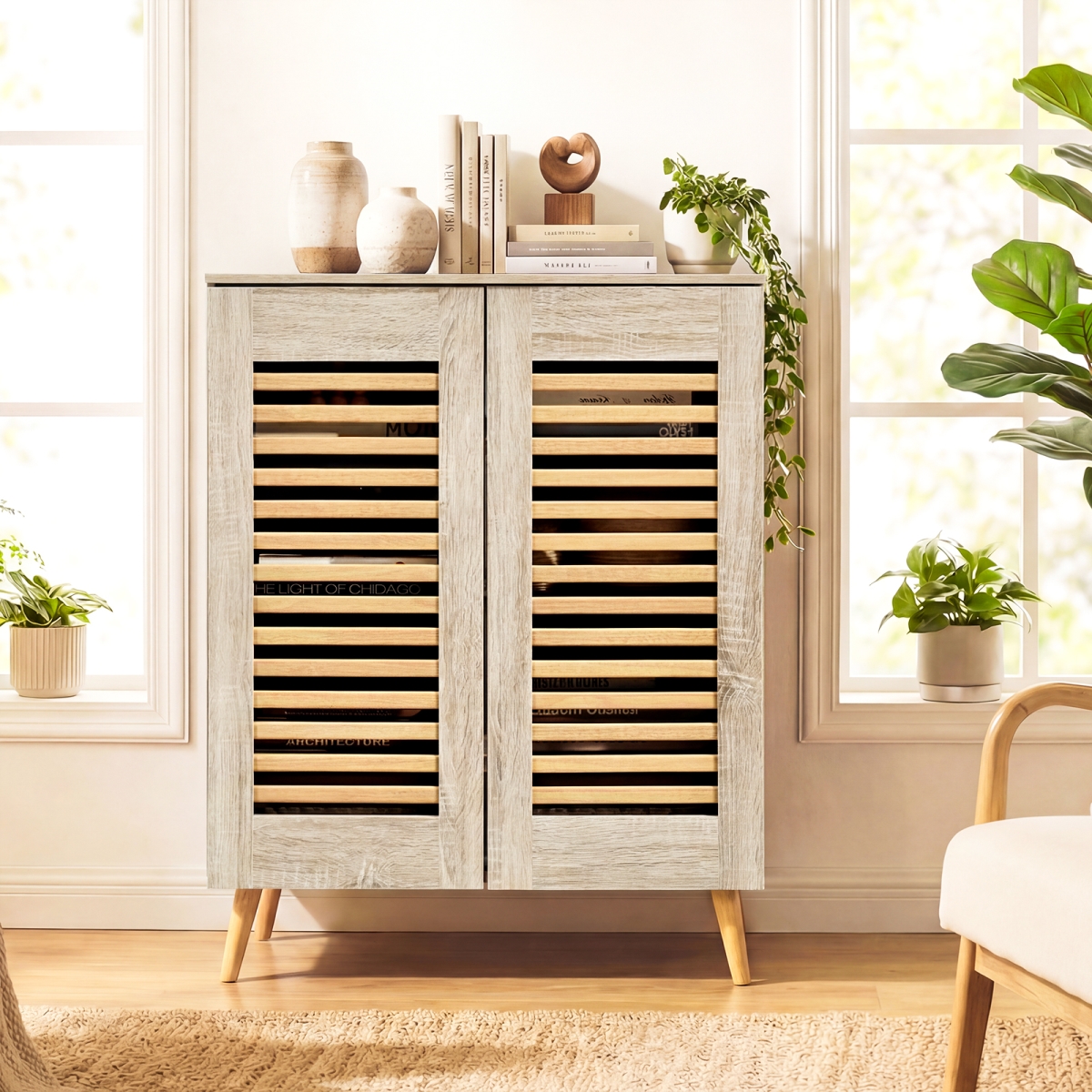HV10944NA Shoe Cabinet with Louvered Doors & Removable Shelves - Natural