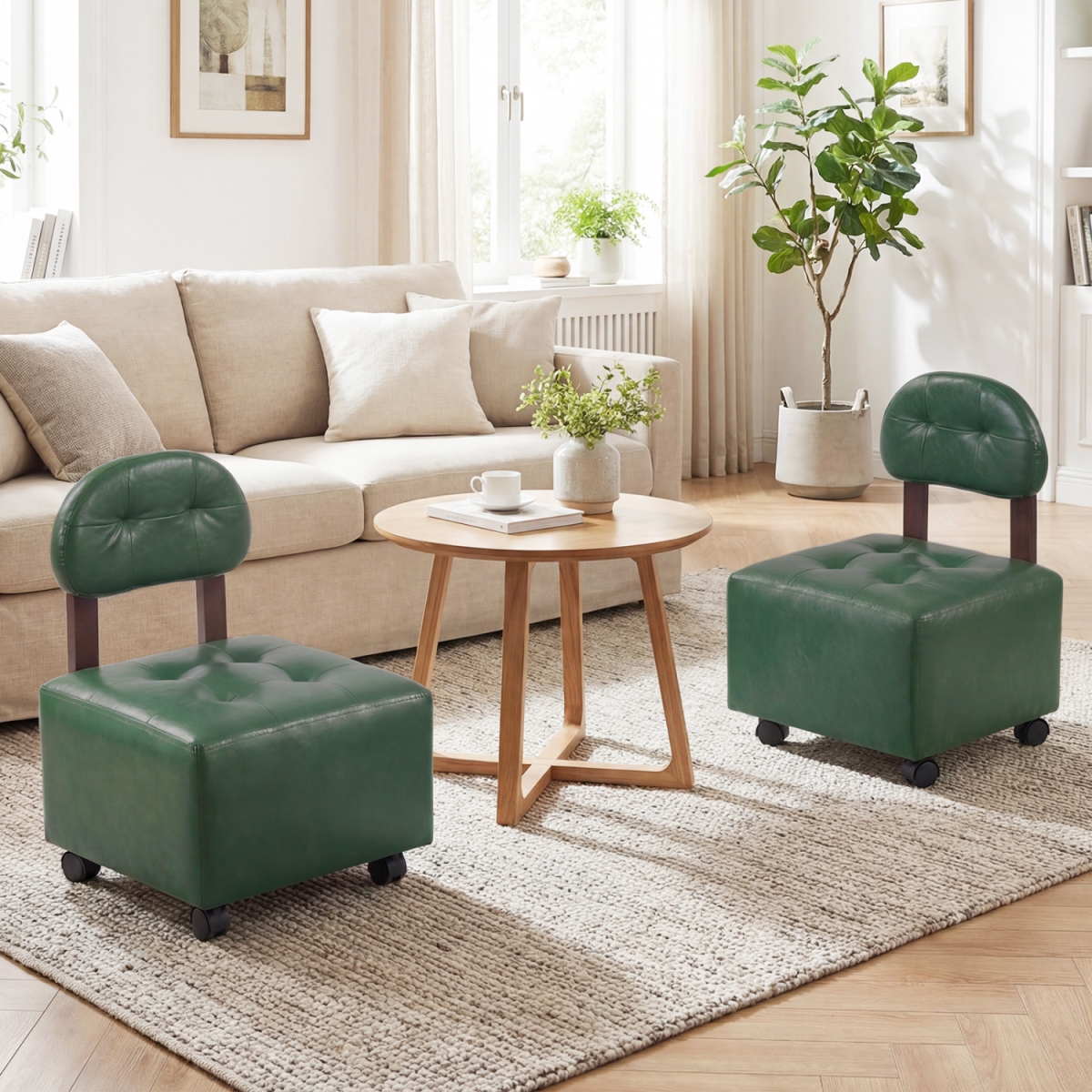 HV10926GN-2 Small Rolling Footrest Stools with Lockable Wheels - Green - Set of 2