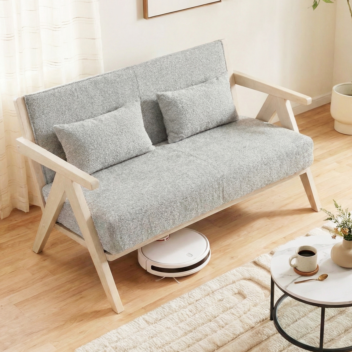HV10948GR Loveseat Sofa for Small Spaces with Throw Pillows Rubber Wood Frame Padded Seat - Gray