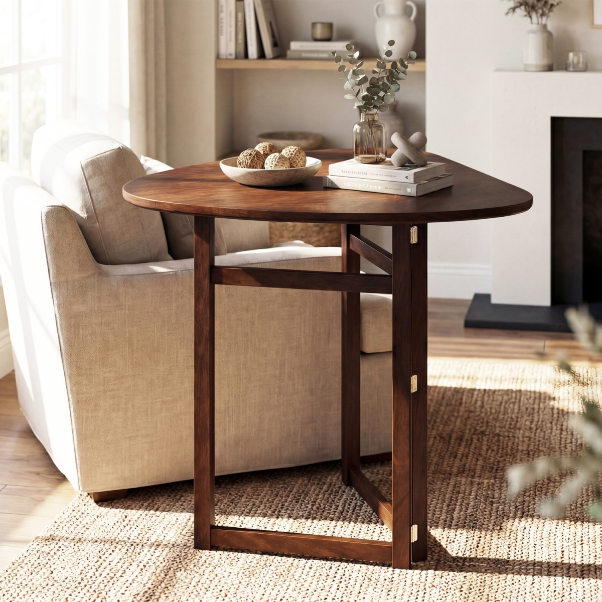 HV10954WN Foldable Dining Table 31.5 in. Triangular Small Kitchen Table for 2 - Walnut