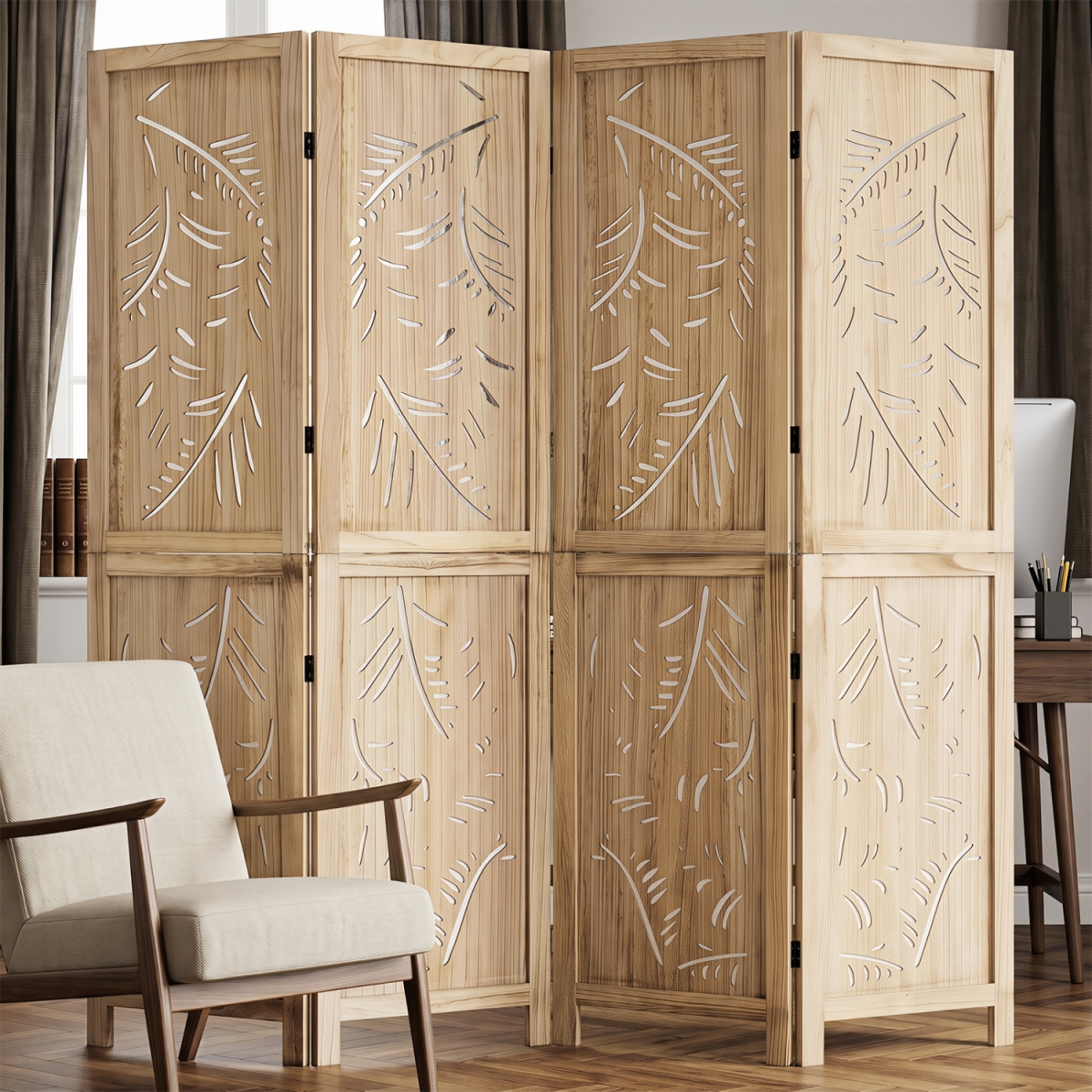 HV11026-4 4-Panel Wooden Room Divider with Palm Leaf Design & Paulownia Frame for Home