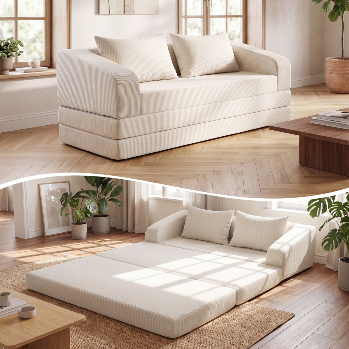 HV11105BE Corduroy Loveseat Sleeper Sofa with 2 Back Cushions for Living Room Bedroom Apartment - Beige
