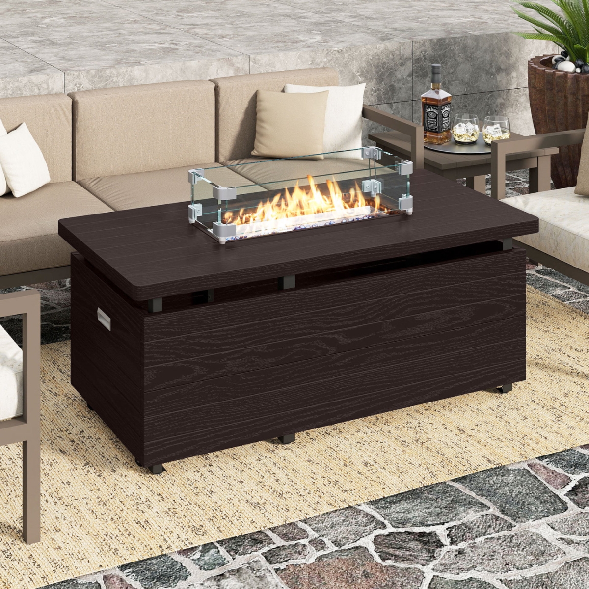 NP12694CF 51 in. Propane Fire Pit Table 50000 BTU Gas Firepit with Removable Lid & Tempered Glass Wind Guard for Patio - Rustic Brown