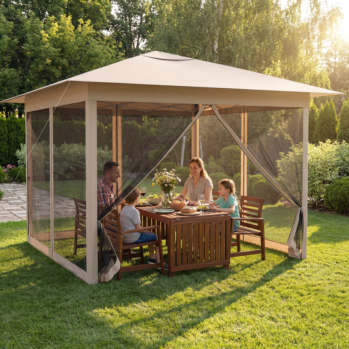 NP13037BE 11.5 x 11.5 ft. Pop-Up Canopy Instant One-Person Setup with Mesh Screen Netting - Beige
