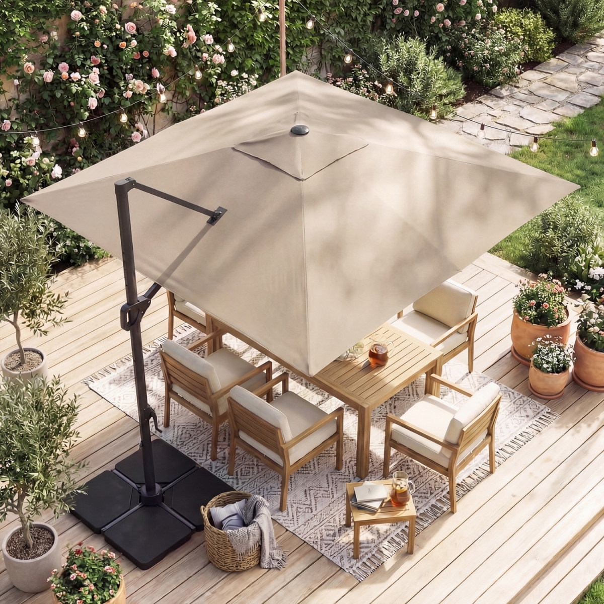 NP13285BE-NP12183 10 ft. Cantilever Patio Umbrella with 32 Solar LED Lights & 220 lbs Base - Beige