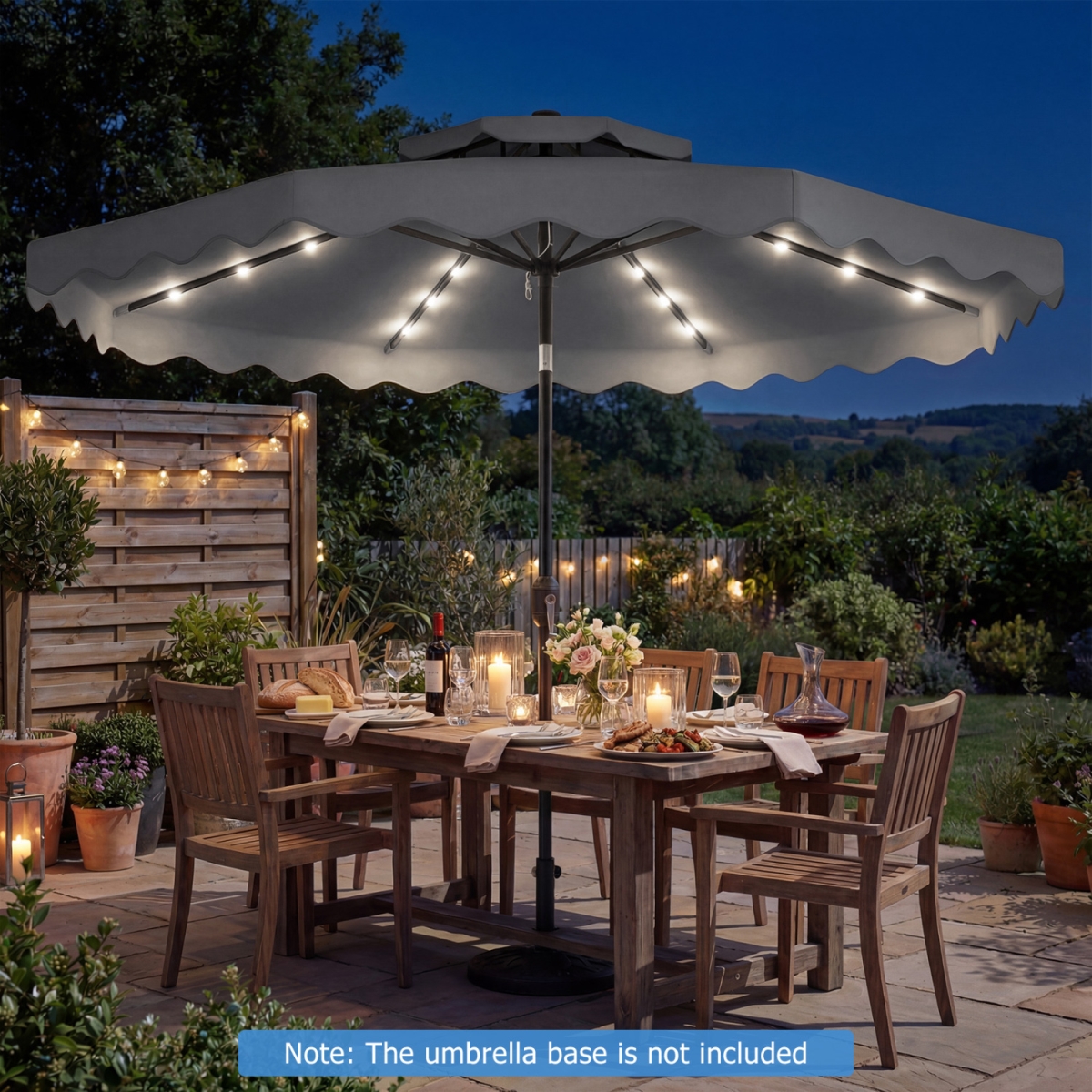 NP13314GR 9 ft. Solar LED Patio Umbrella Push-Button Tilt & Crank 24 LED Lights & 8 Ribs - Gray