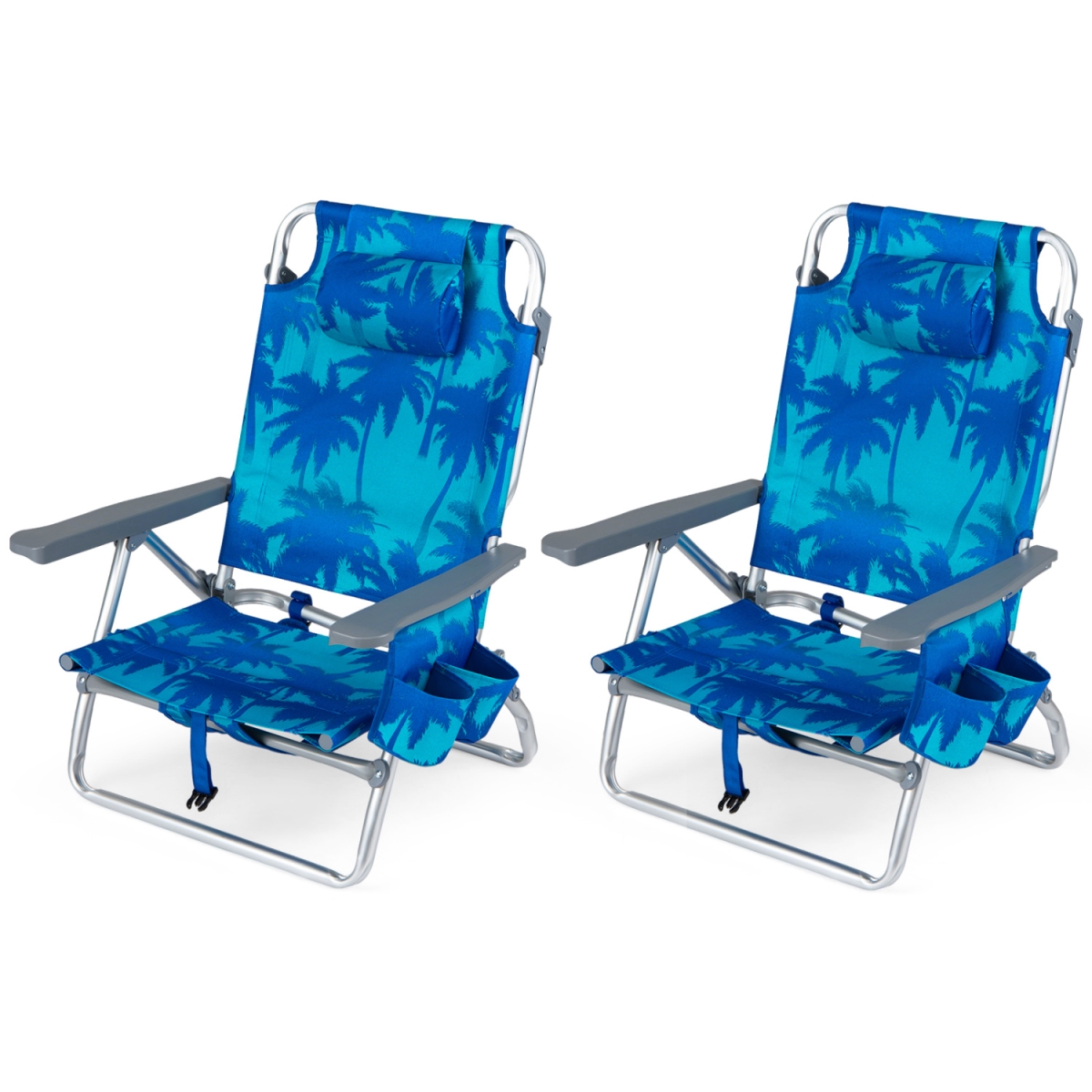 NP13352SY-2 Beach Chairs Portable Folding Backpack Recliners with 5-Position Backrest & Padded Headrest - Blue - Set of 2
