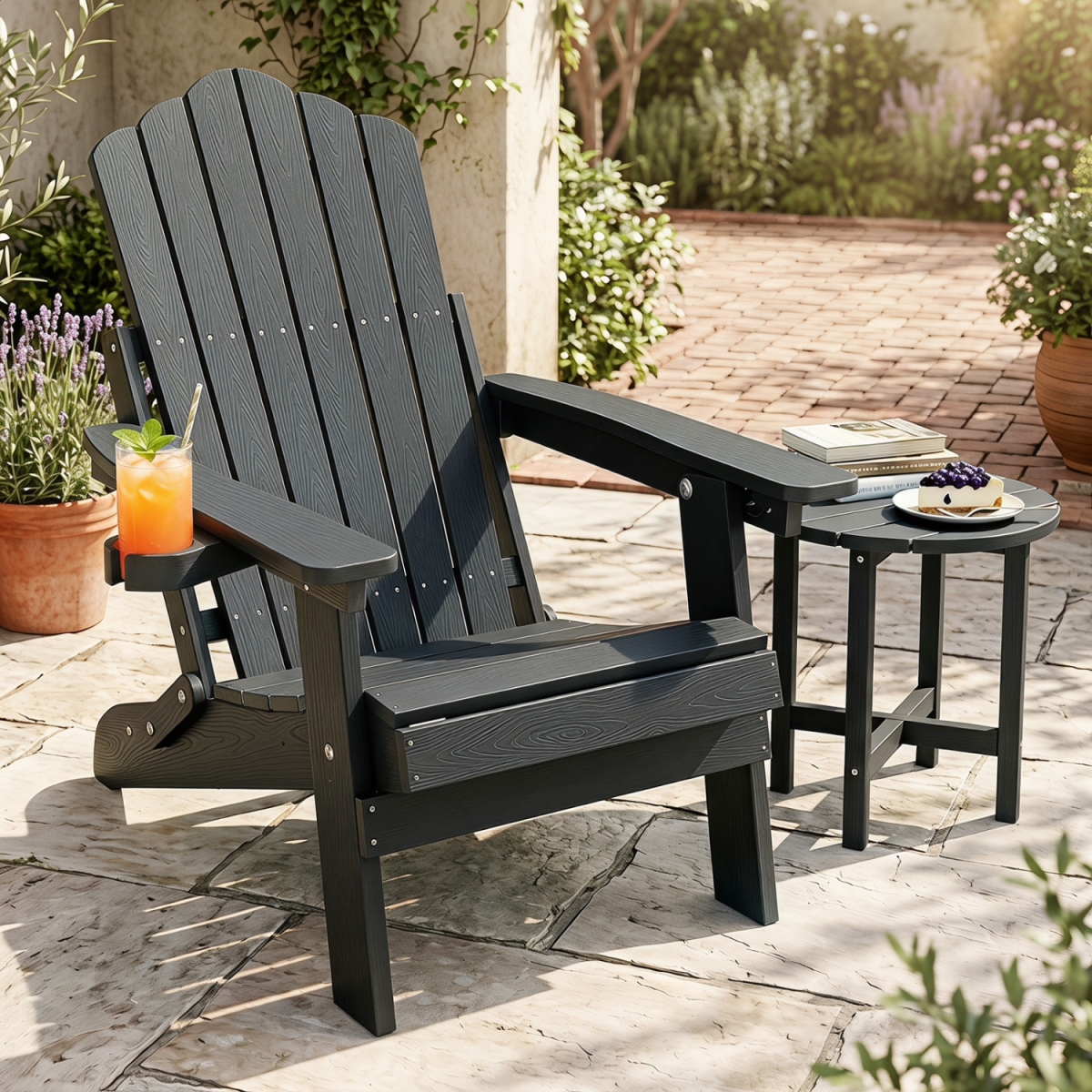 NP13571BK Outdoor Folding Adirondack Chair with Cup Holder & 5-Level Backrest - Black