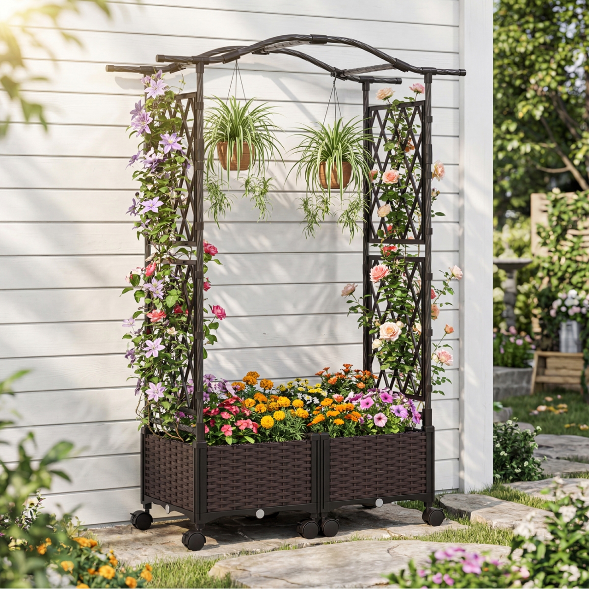 GT4459BN 5 ft. Self-Watering Planter Boxes with Lattice Trellis & Roof - Brown