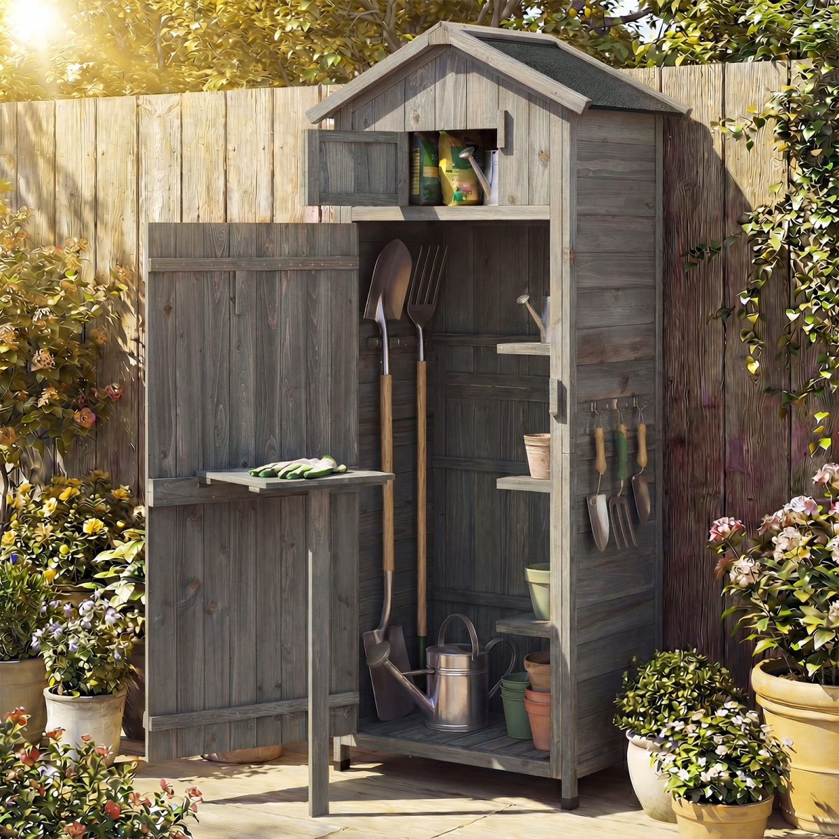GT4599GR 70 in. Tall Garden Tool Storage Cabinet with Lockable Doors & Foldable Table - Gray