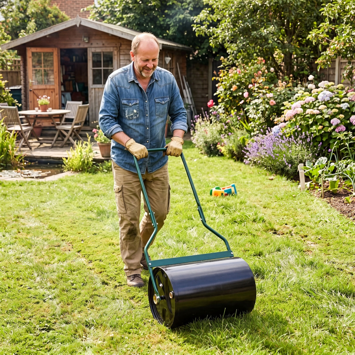 GT4737 Lawn Roller 12 gal Water & Sand Filled Garden Drum Roller with U-Shape Handle