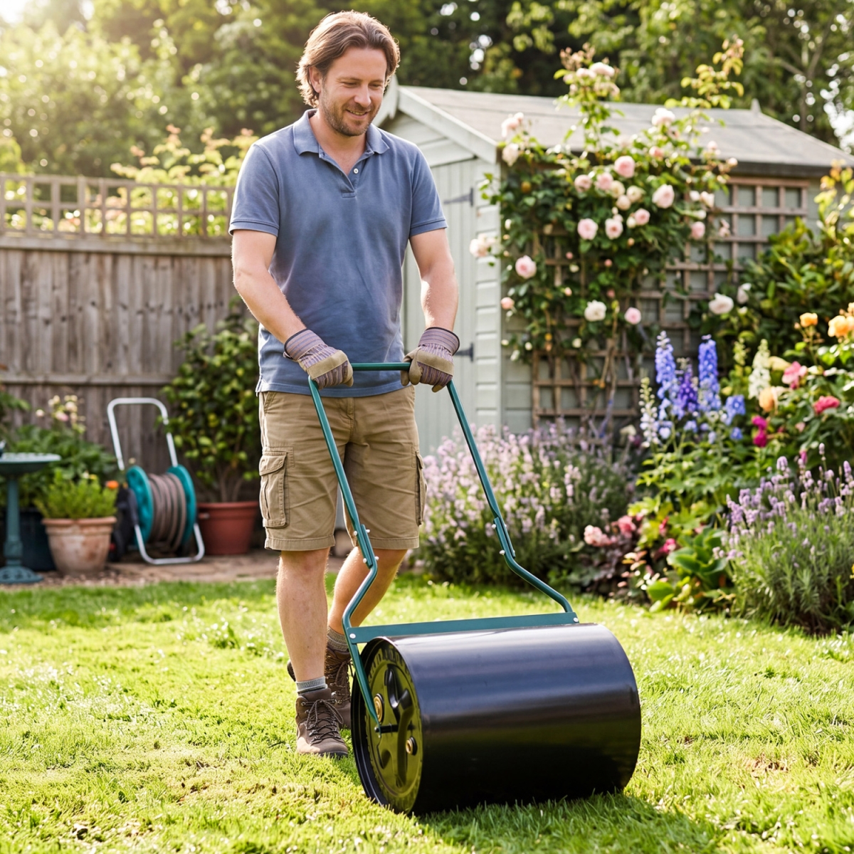 GT4745 Lawn Roller 16 gal Water & Sand Filled Garden Drum Roller with Leak-Proof Inlet