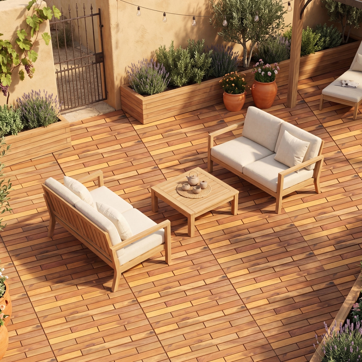GX10016NA 24 x 12 in. Acacia Wood Interlocking Deck Tiles with Waterproof Design - Natural - 12 Piece