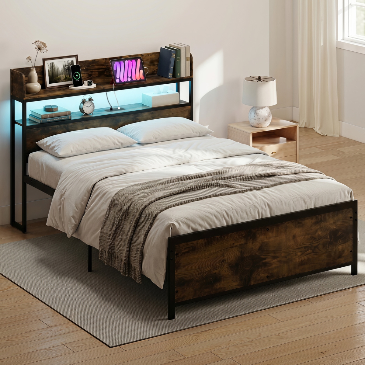 HU11164US-Q LED Bed Frame with Power Outlets & Storage Headboard - Queen Size