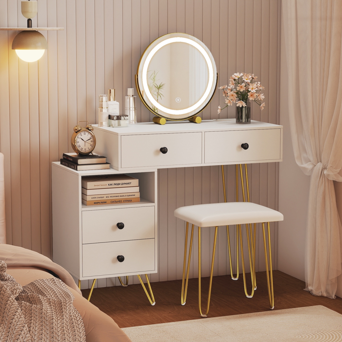 HU11201US-WH Modern Dressing Table with Storage Cabinet - Off White