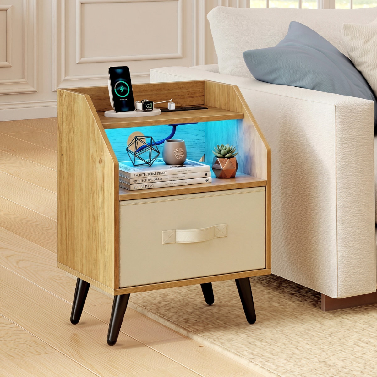 HU11301US-1NA Nightstand with Power Outlets & Open Storage Shelf - Natural
