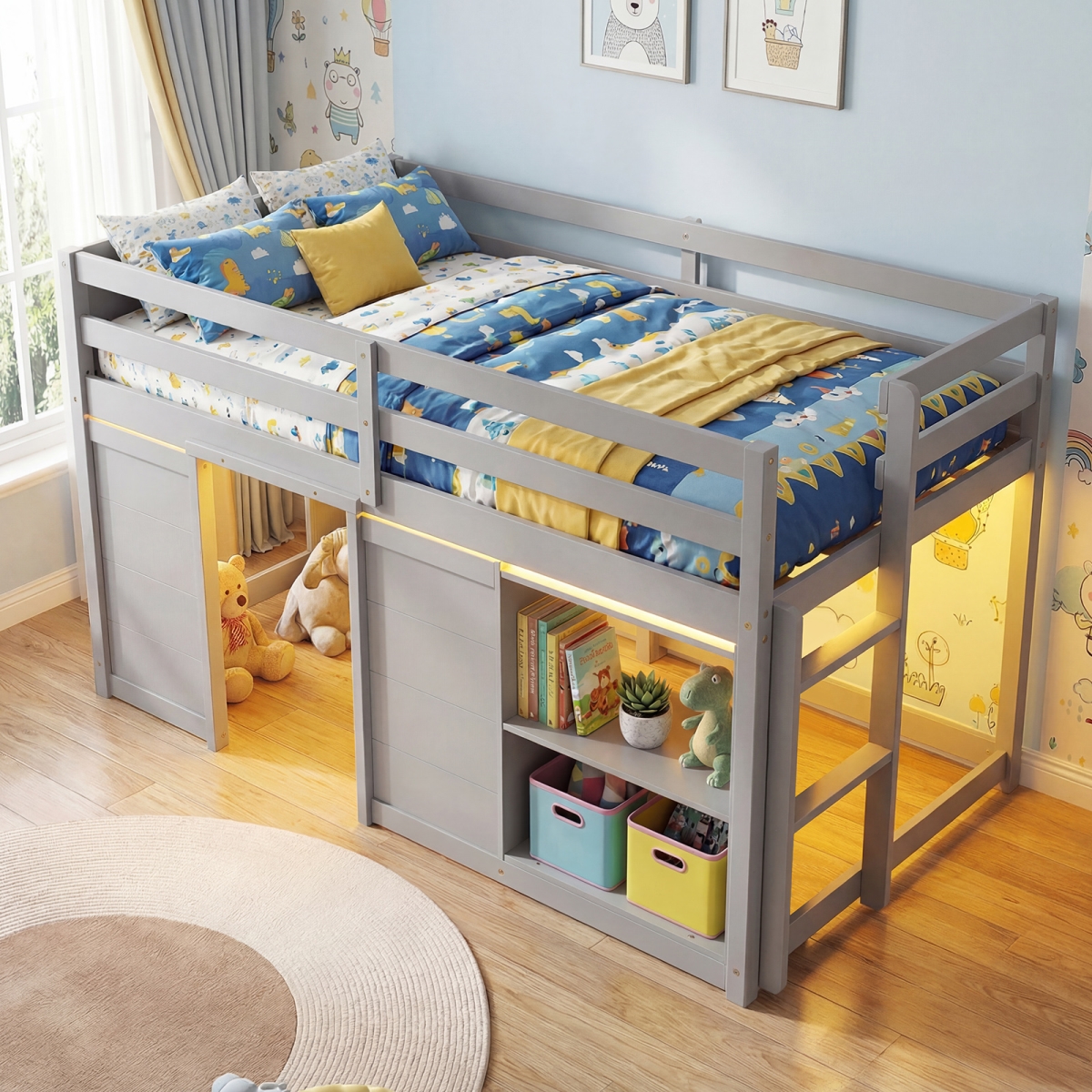 HU11344GR Wooden Low Kids Loft Bed with LED Lights & 2 Doors - Gray