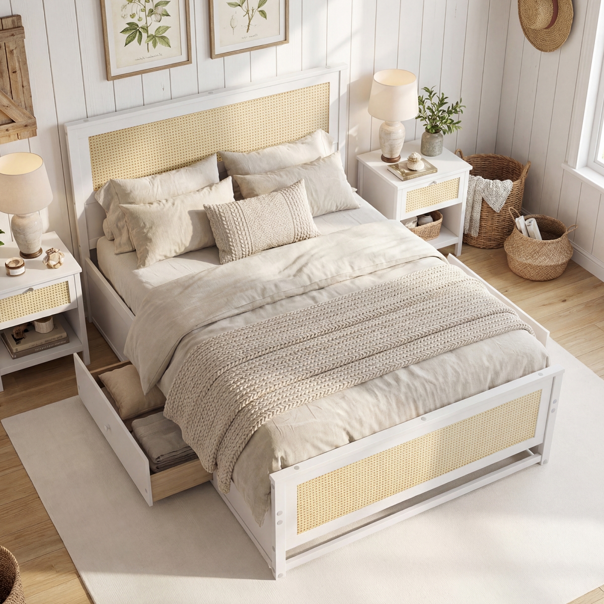 HU11366WH-F Rattan Bed Frame with Storage Drawers - White - Full Size