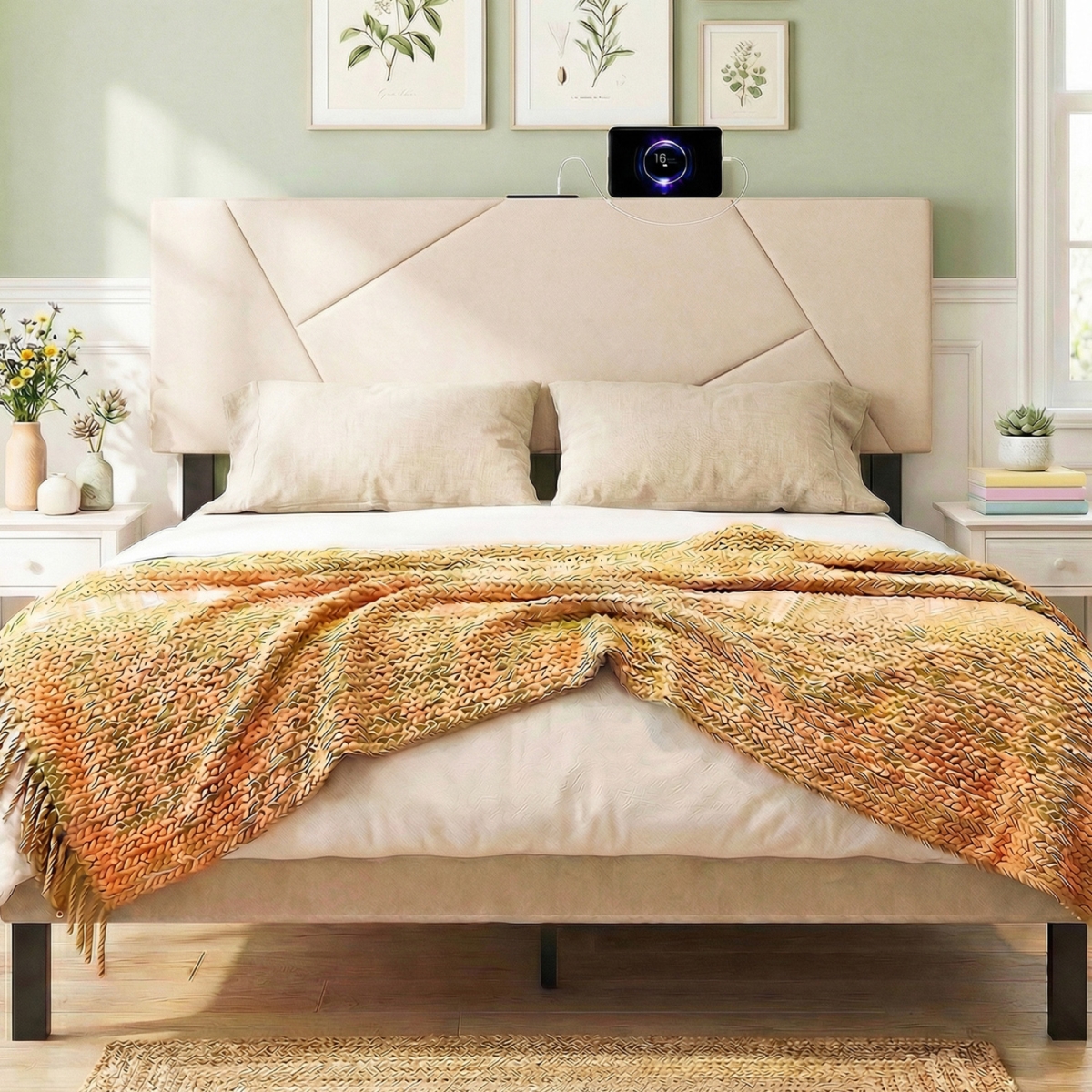 HU11375BE Geometric Upholstered Headboard for Full & Queen Size Bed - Beige