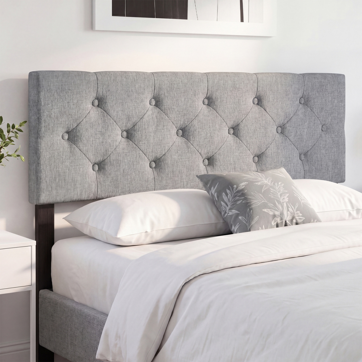 HU11402GR Upholstered Headboard for Queen & Full Size Beds Tufted Linen Fabric Bed Frame Mount Panel - Gray