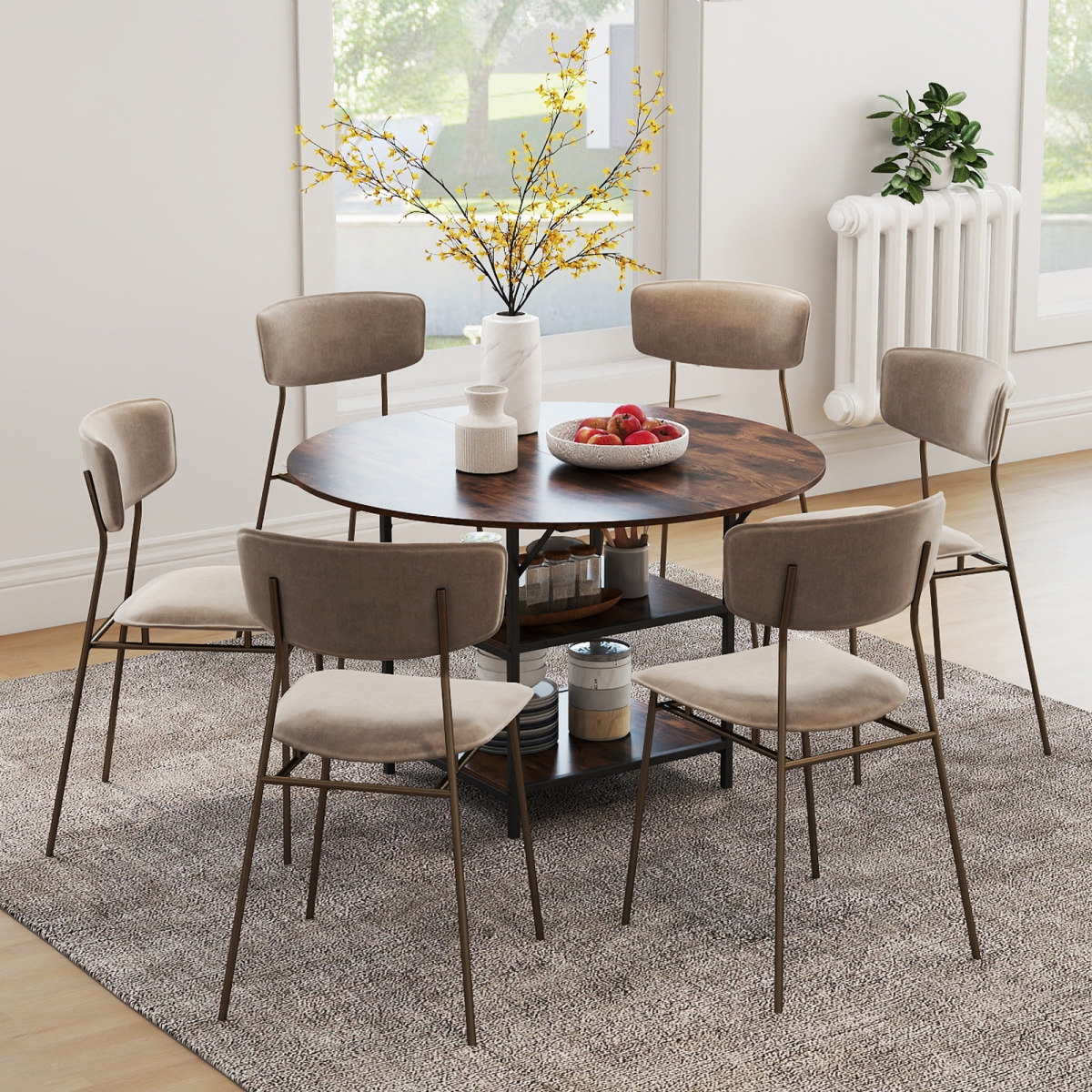 KC59141CF 47 in. Round Dining Table for 4-6 People Large Kitchen Table with 2-Tier Storage Shelves - Rustic Brown