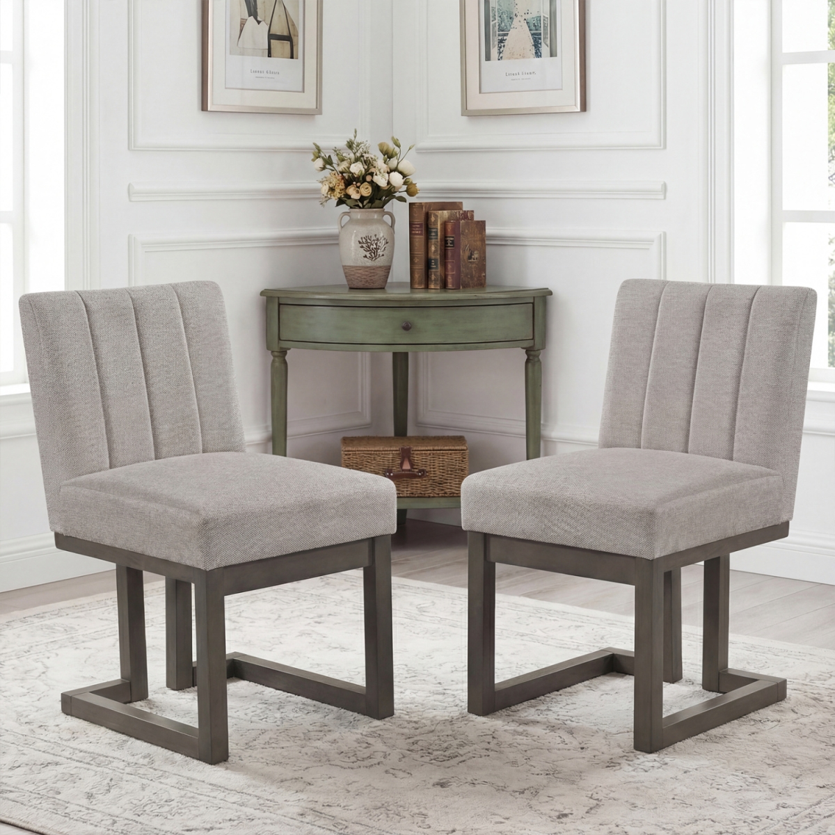 KC59314GR-2 Modern Farmhouse Fabric Dining Chairs with 5.5 in. Thickened Padded Seat - Gray - Set of 2