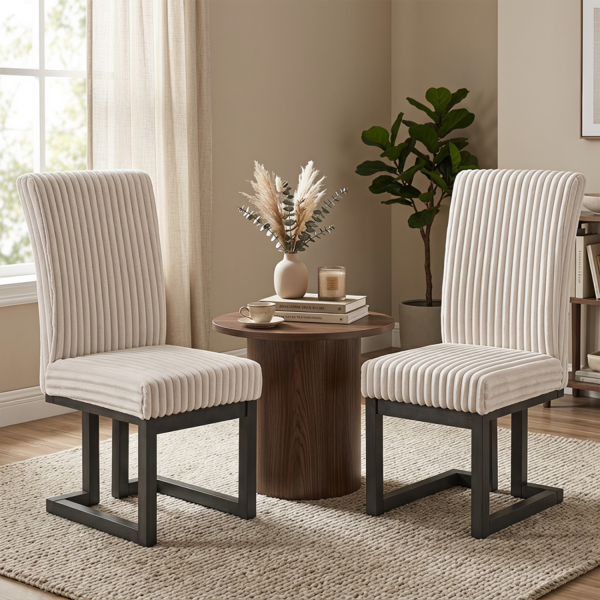 KC59350BE-2 Upholstered Dining Chairs with Rubber Wood Legs & Padded Seat for Dining Room - Beige - Set of 2