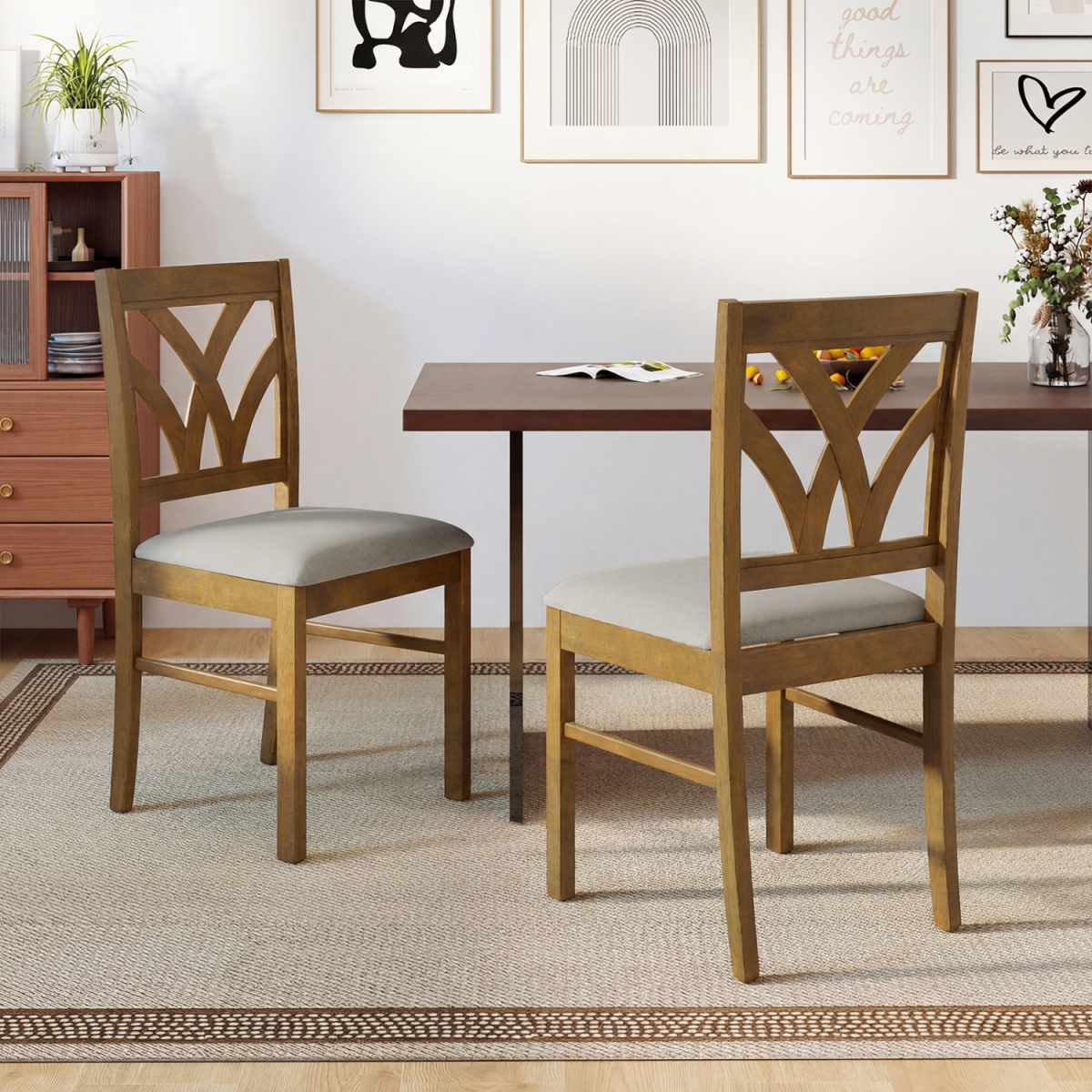 KC59360OA-2 Wooden Dining Chairs Upholstered with Hollowed Backrest & Soft Padded Seat - Oak - Set of 2