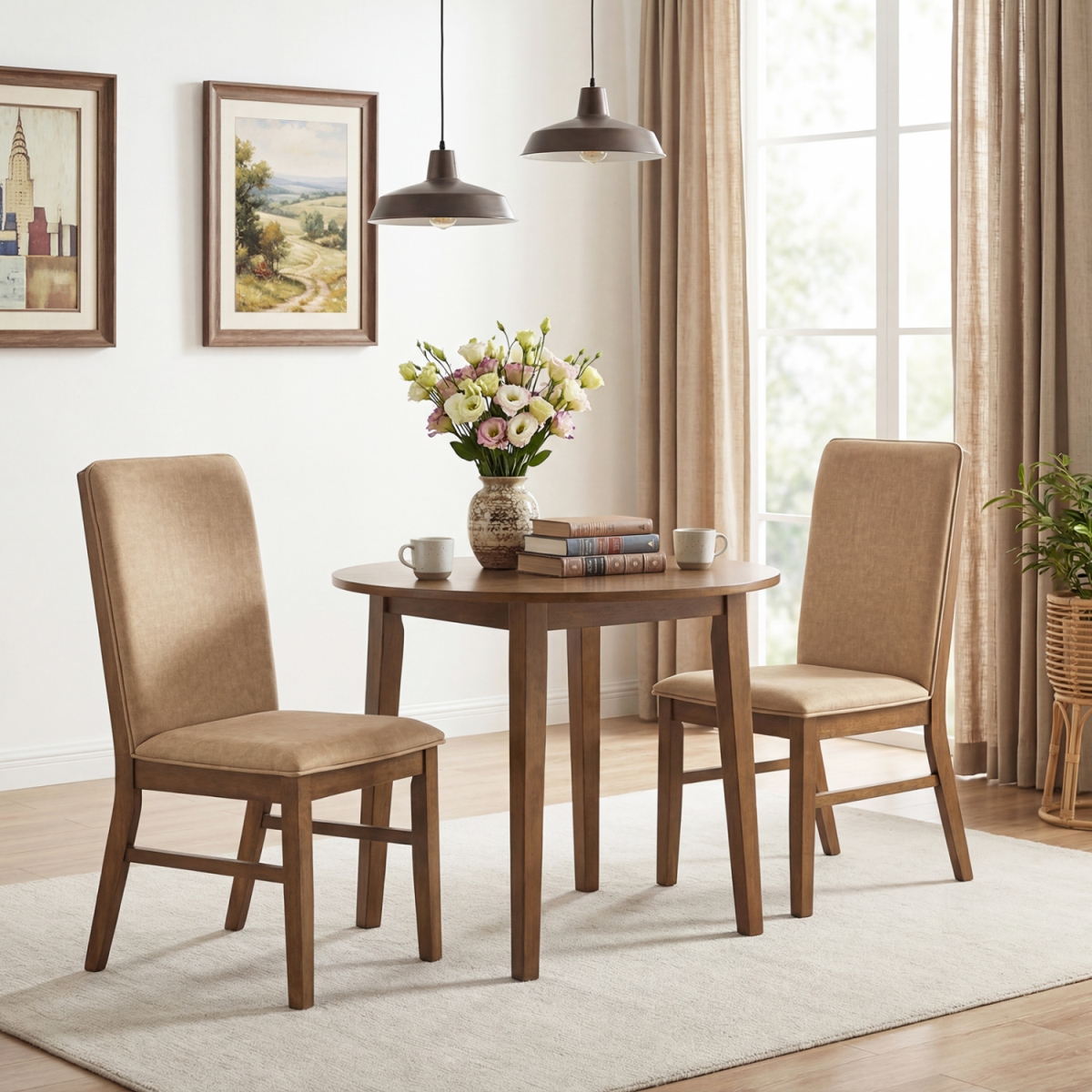 KC59468BN-2 Upholstered Dining Chairs with Solid Rubber Wood Legs - Brown - Set of 2