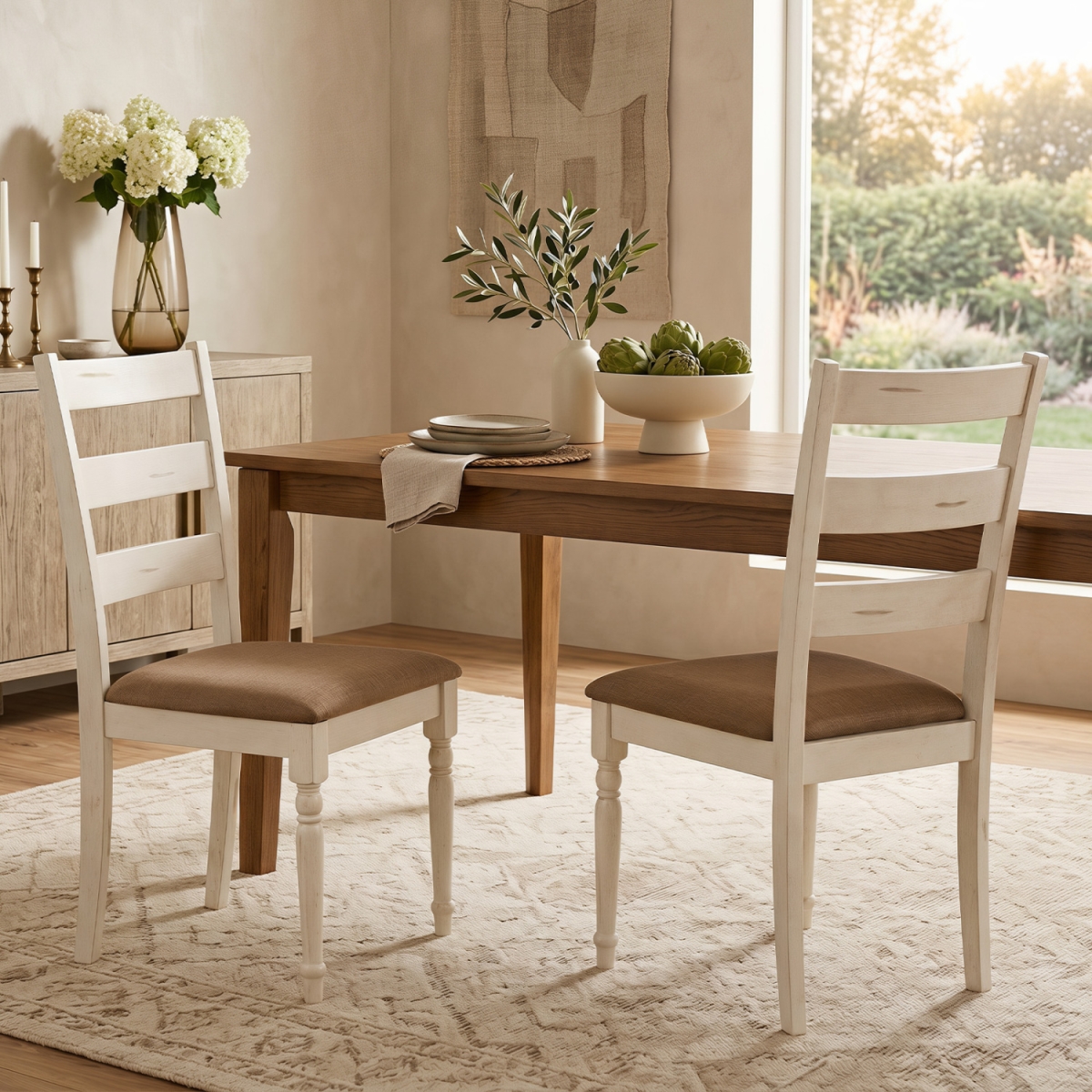 KC59616WH-2 Rubber Wood Dining Chairs with Padded Linen Seat & Slatted Backrest - White - Set of 2