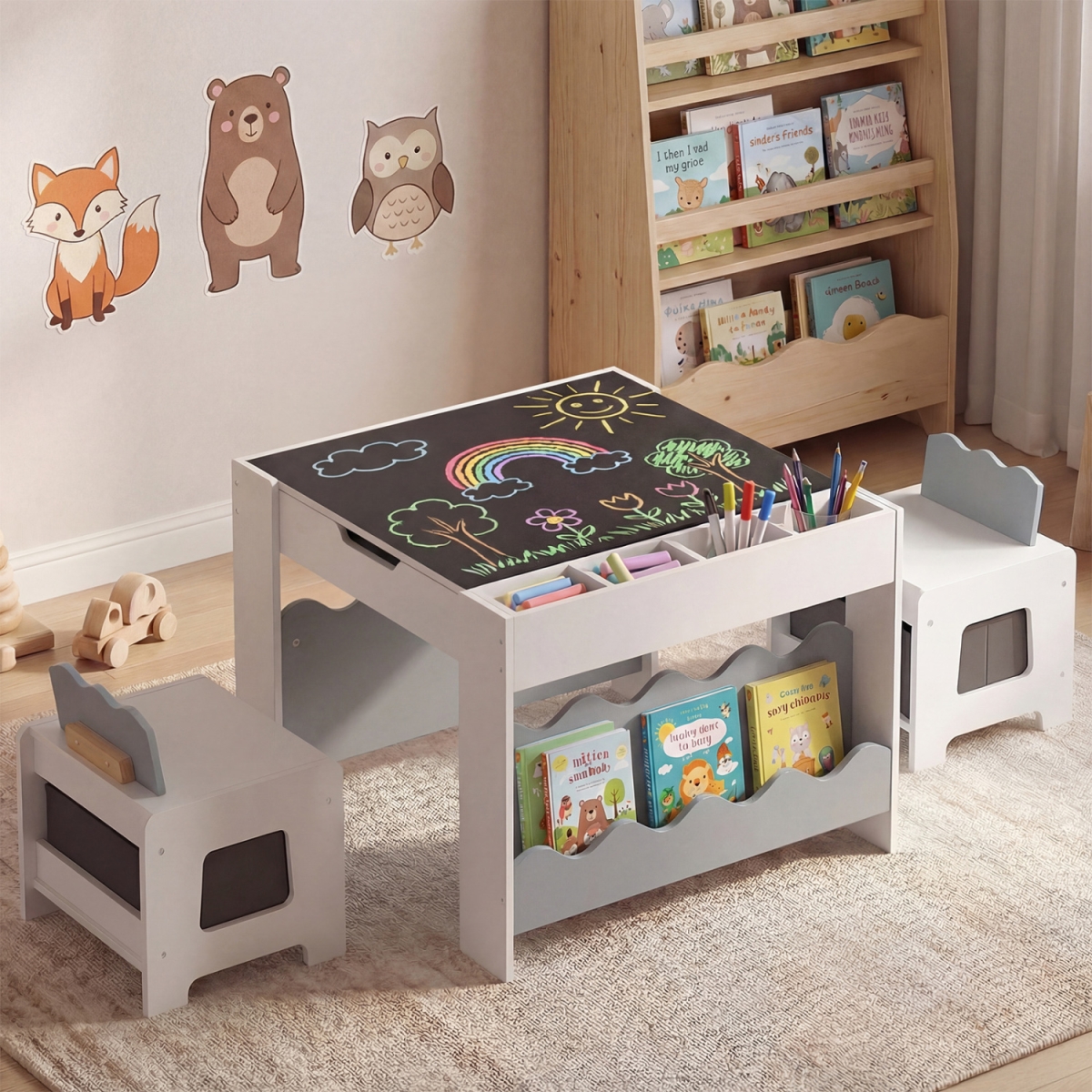 HY10547GR Multi-Purpose Activity Kids Table & Chairs Set with Double-Sided Tabletop - Gray