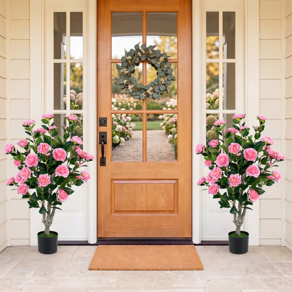 HZ10580PI-2 39.5 in. Artificial Camellia Tree with Orange Blossoms in Cement Pot for Decoration - Pink - Set of 2