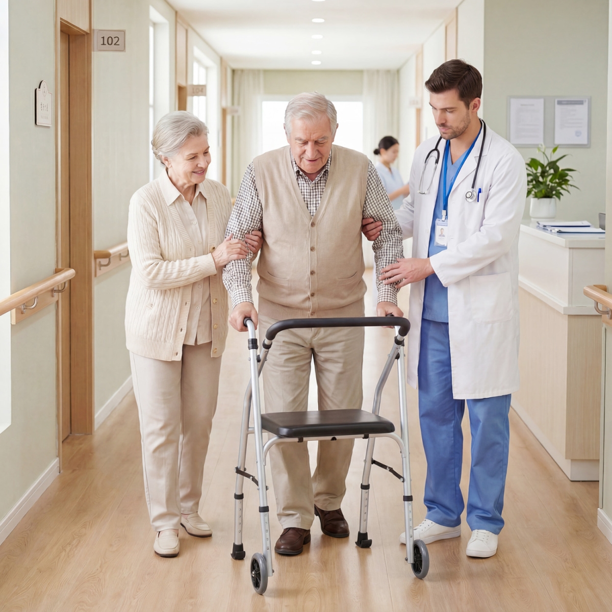 JH10069SL Lightweight Aluminum Mobility Walker for Seniors with 2 Wheels 5-Level Adjustable Height & Padded Seat - Silver