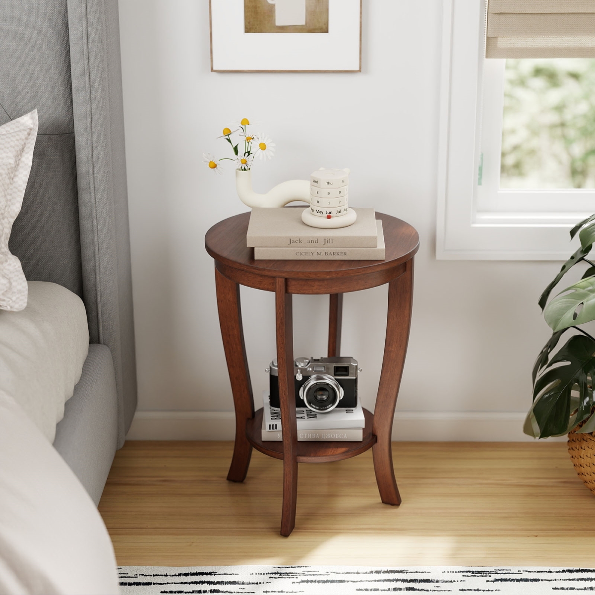 JV11155BN 2-Tier Round End Table with Solid Wood Legs - Brown