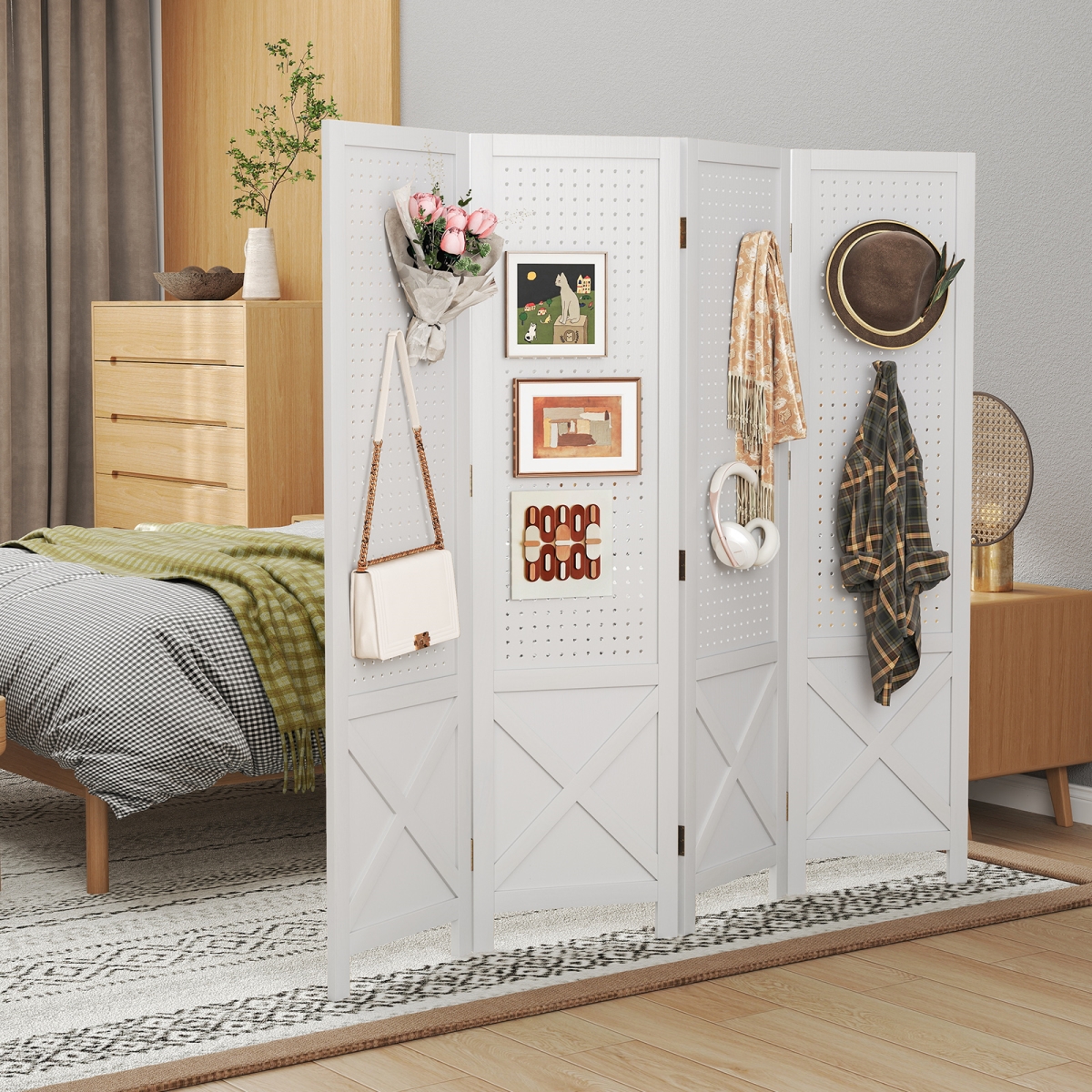 JV11394WH 4-Panel Pegboard Display Stand Folding Room Divider with Solid Wood Frame - White